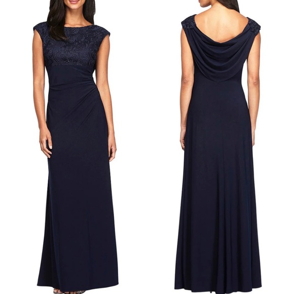 Alex Evenings Lace and Jersey Long Empire Waist Gown in Navy - Picture 2 of 11